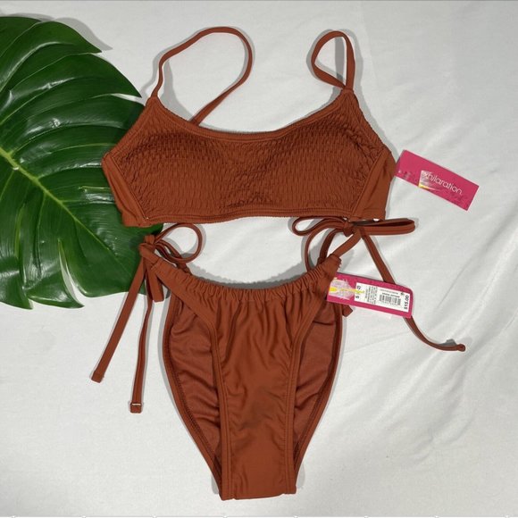 NWT Xhilaration [ Small ] Smocked Bikini Top High Leg String Bottom in Rust 5315 - Picture 1 of 15